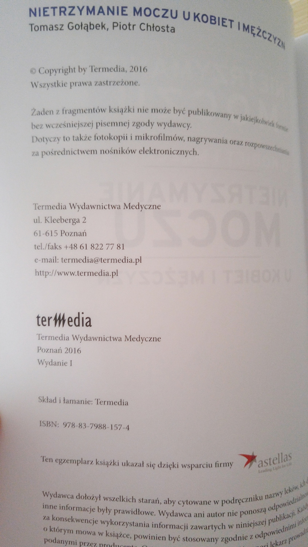 "Nietrzymanie moczu u kobiet i mężczyzn" aut. Tomasz Gołąbek, Piotr Chłosta